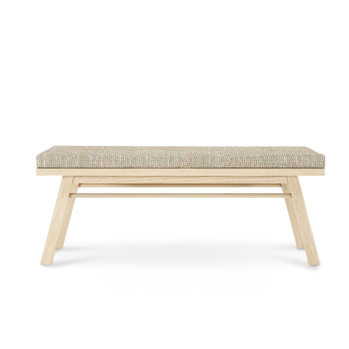 Beige upholstered bench with wooden frame