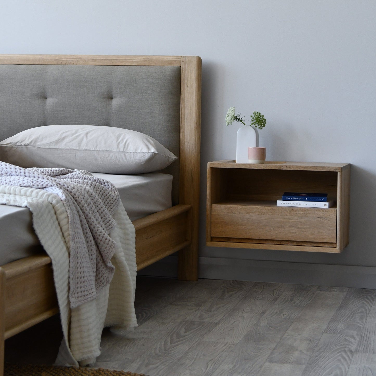 Wooden floating nightstand next to bed - KCC41OKCC39LO