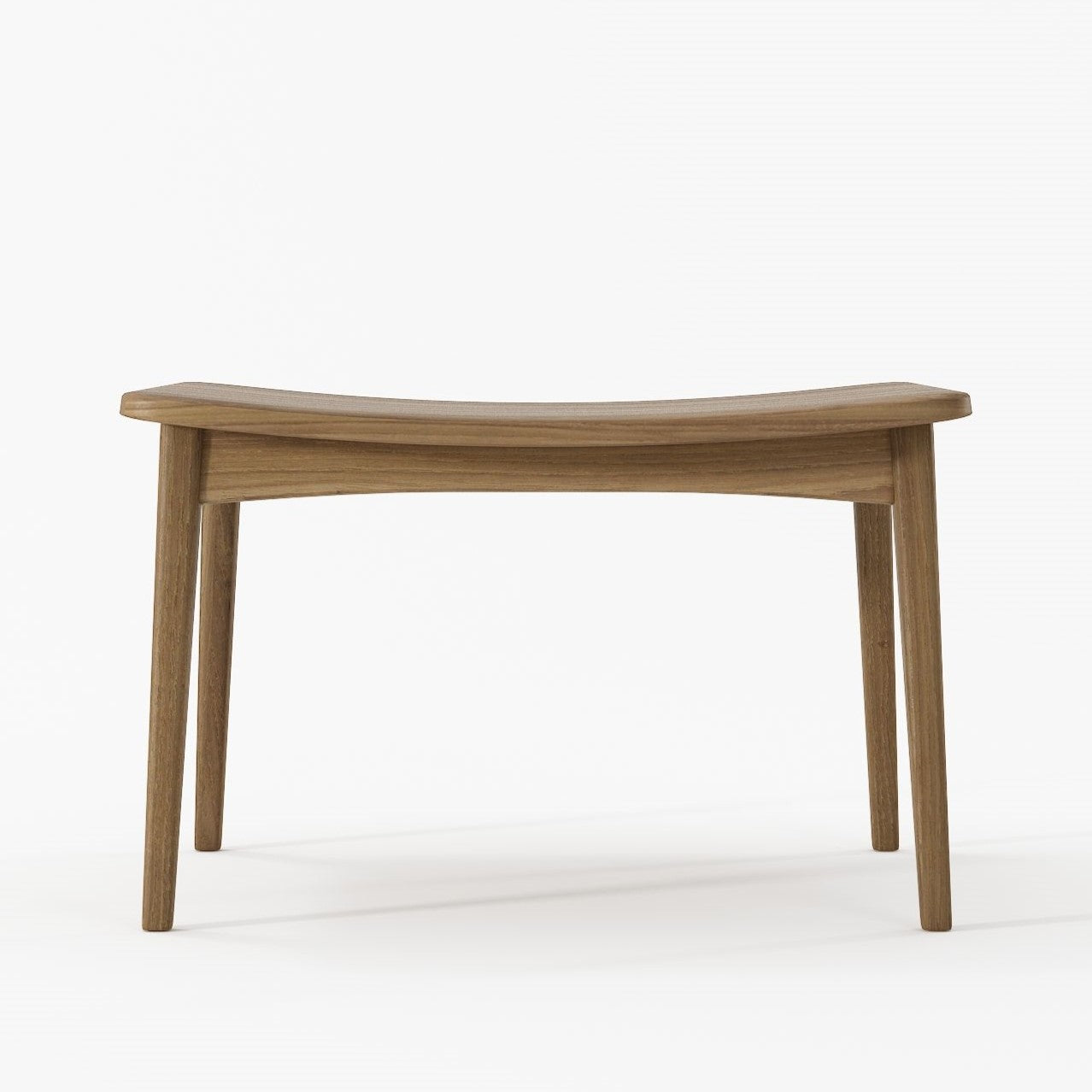 Wooden bench with curved seat and tapered legs