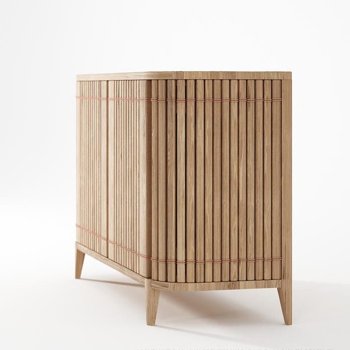 Wooden cabinet KKP01O_3 with vertical slats and red accents