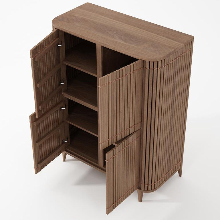 Wooden cabinet with open doors and shelves