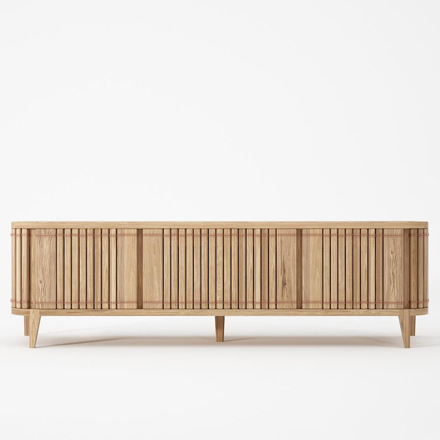 Wooden KKP05O-2 TV stand with vertical slat design.