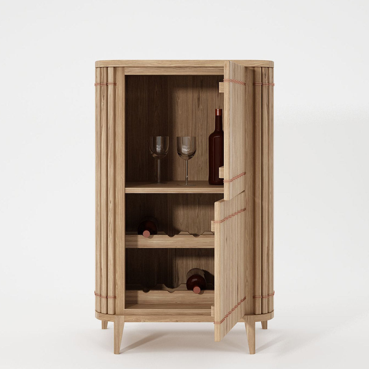 KKP06O-5 Wooden wine cabinet with wine glasses and bottles.
