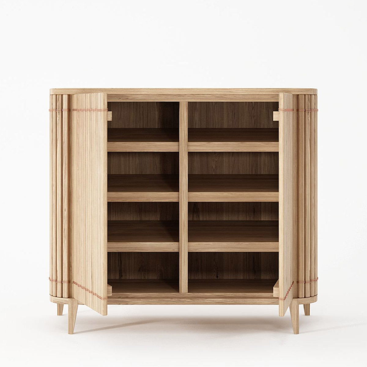 Wooden cabinet with open doors and shelves
