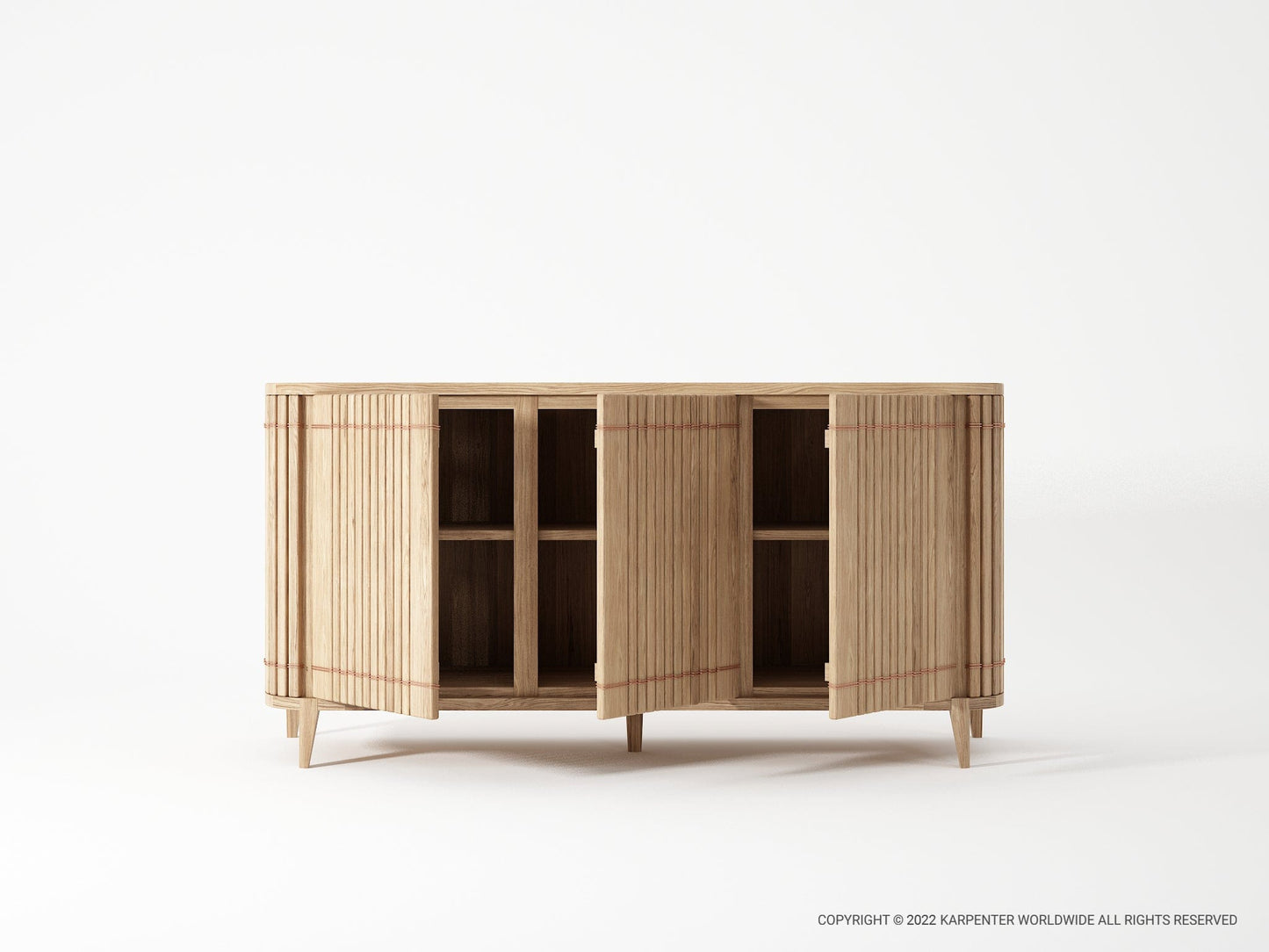 KOPPAR sideboard with 3 doors, open to reveal shelves