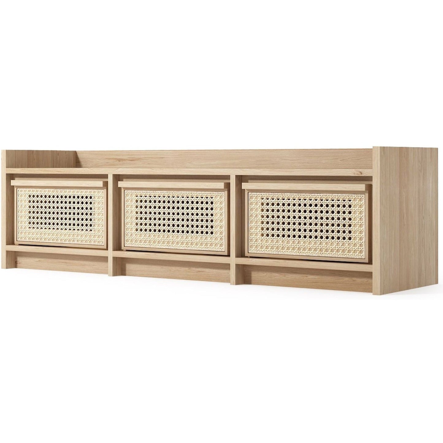 Wooden storage bench with three rattan baskets