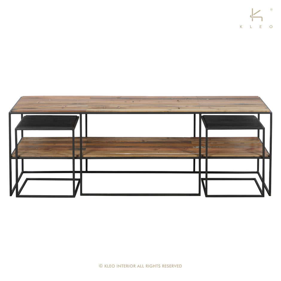Modern wooden and black metal TV stand