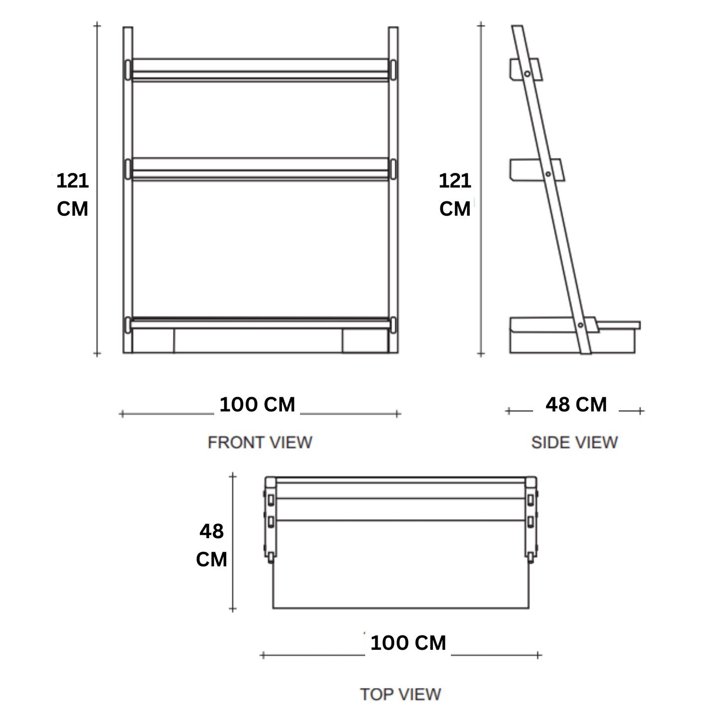 Wooden shelf unit dimensions (front, side, top views)