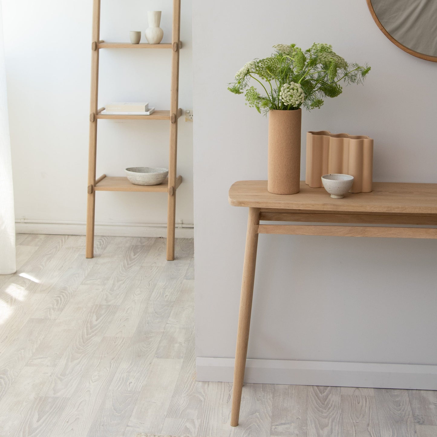 Modern wooden console table with decor