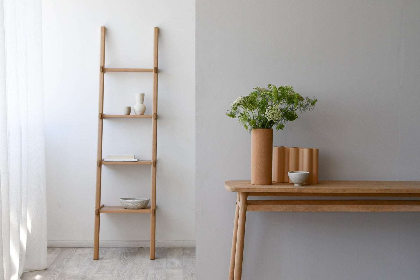 Wooden ladder shelf and table with decor