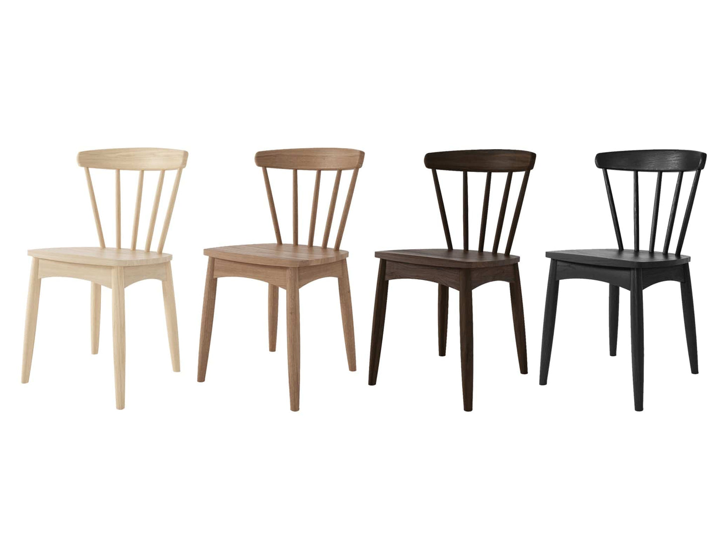 Four wooden chairs in various colors