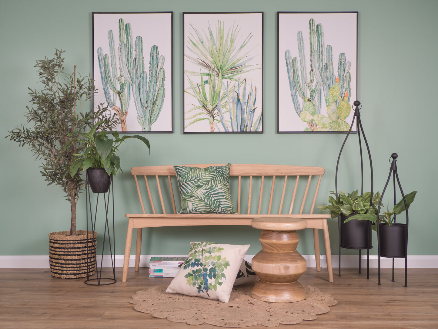 Cactus art & wooden bench decor