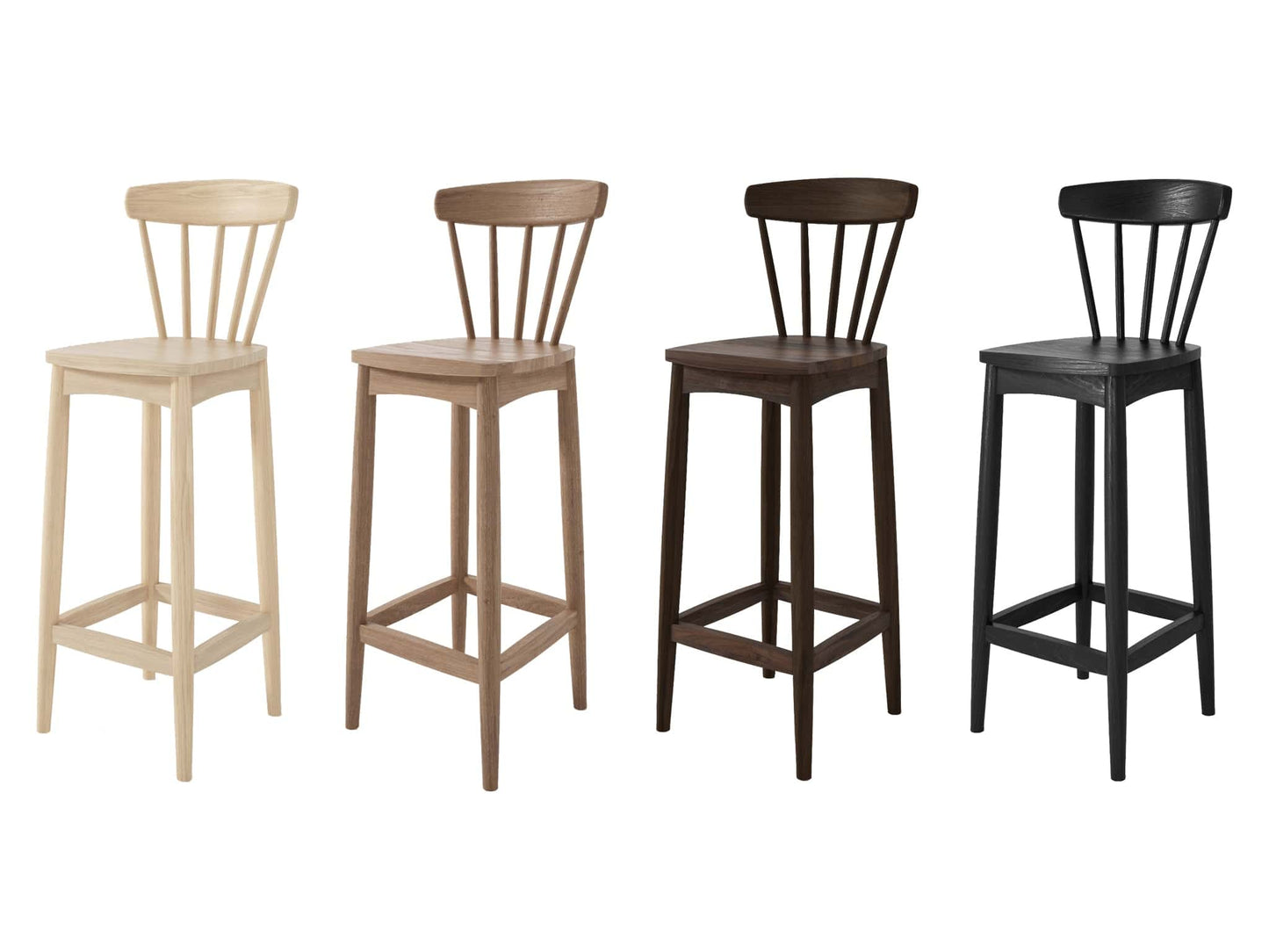 Set of four wooden bar stools in different colors