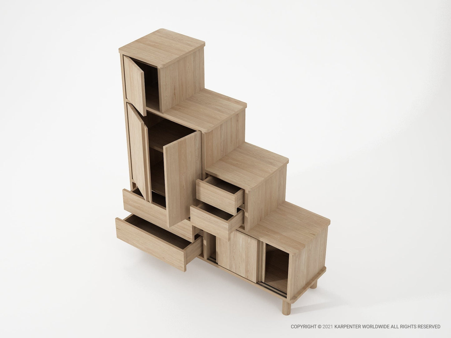 Unique wooden stepped storage cabinet with open doors and drawers.