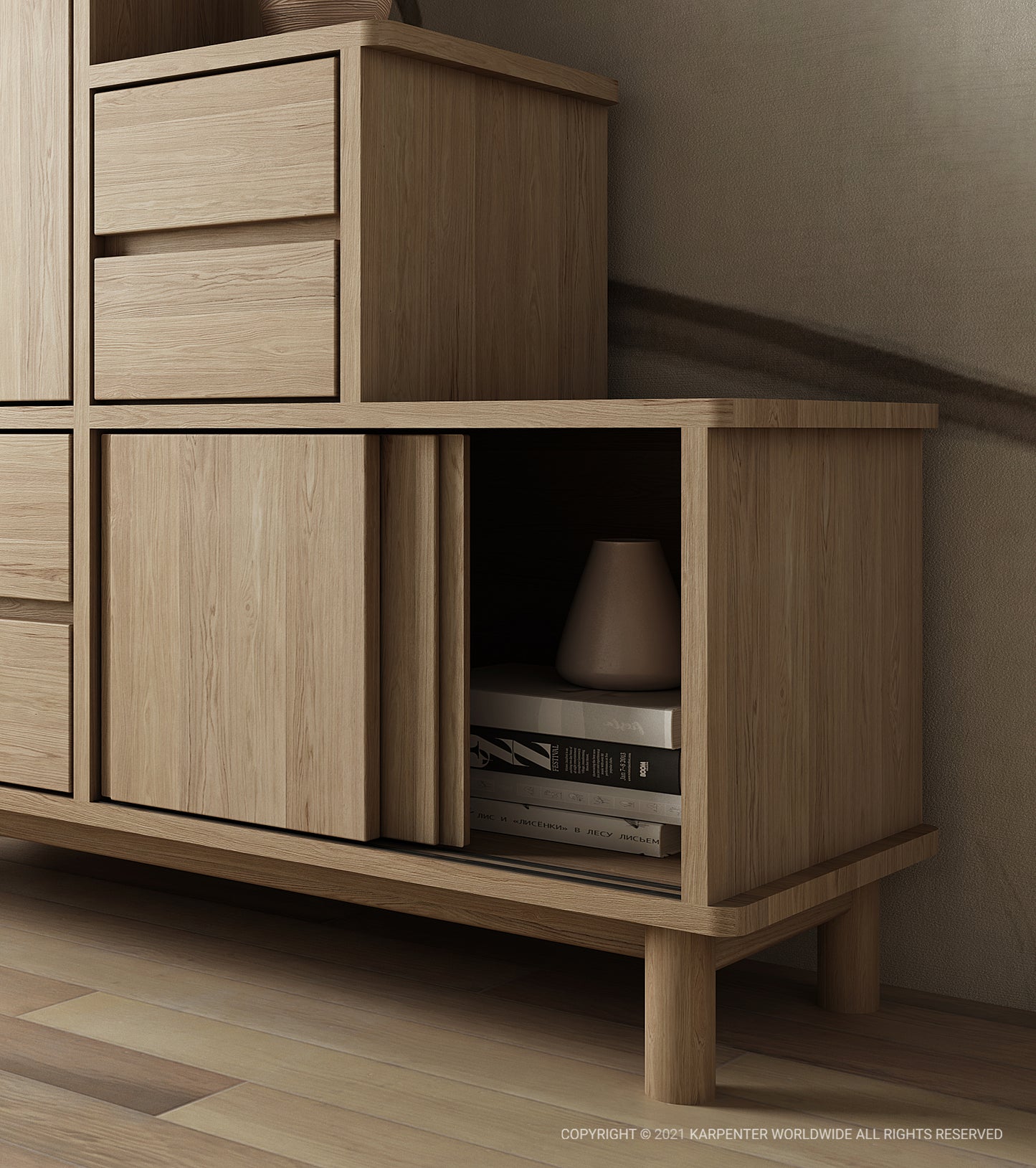Wooden cabinet with sliding door and drawers