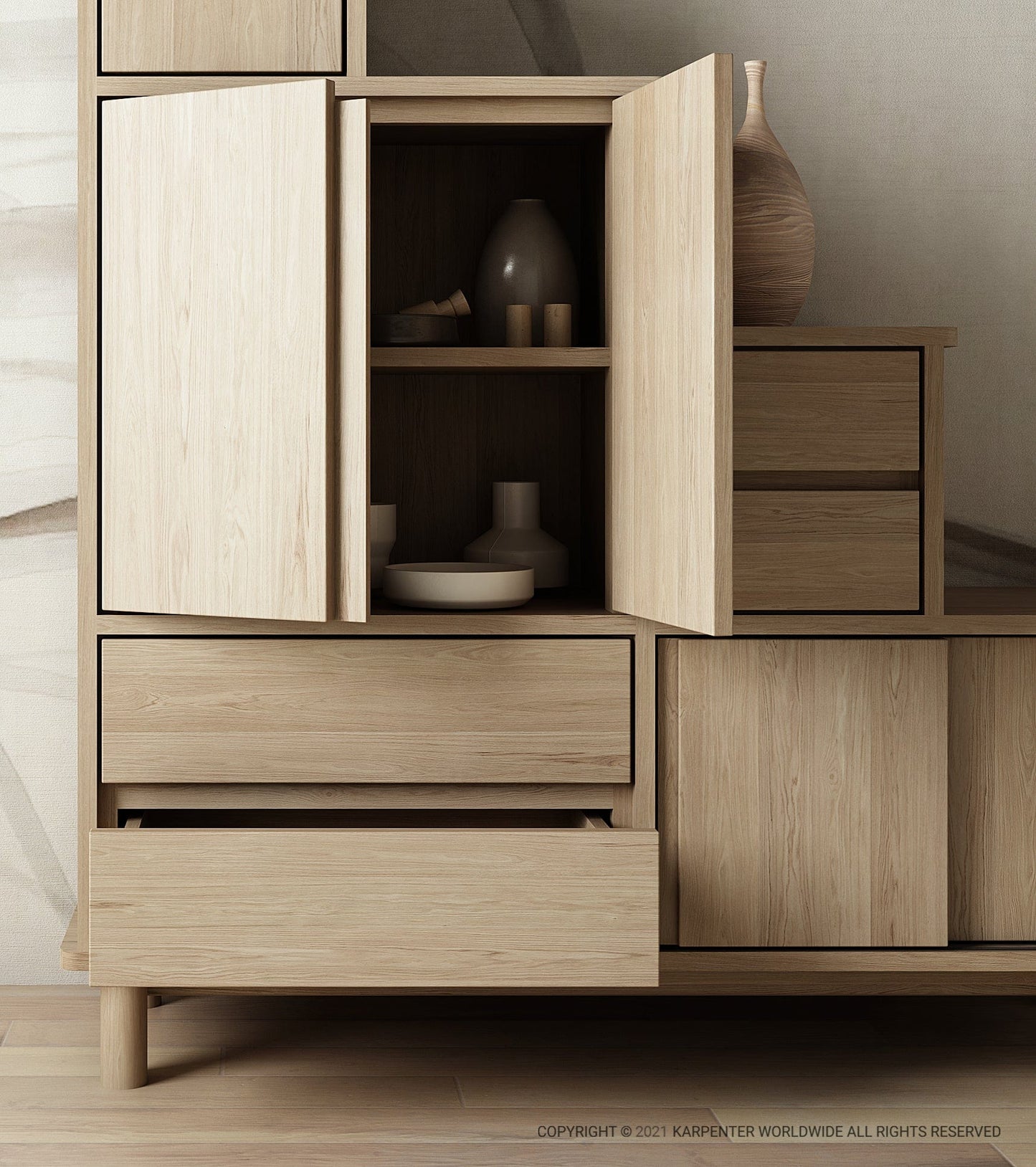 Wooden cabinet with open doors, drawers and decor.