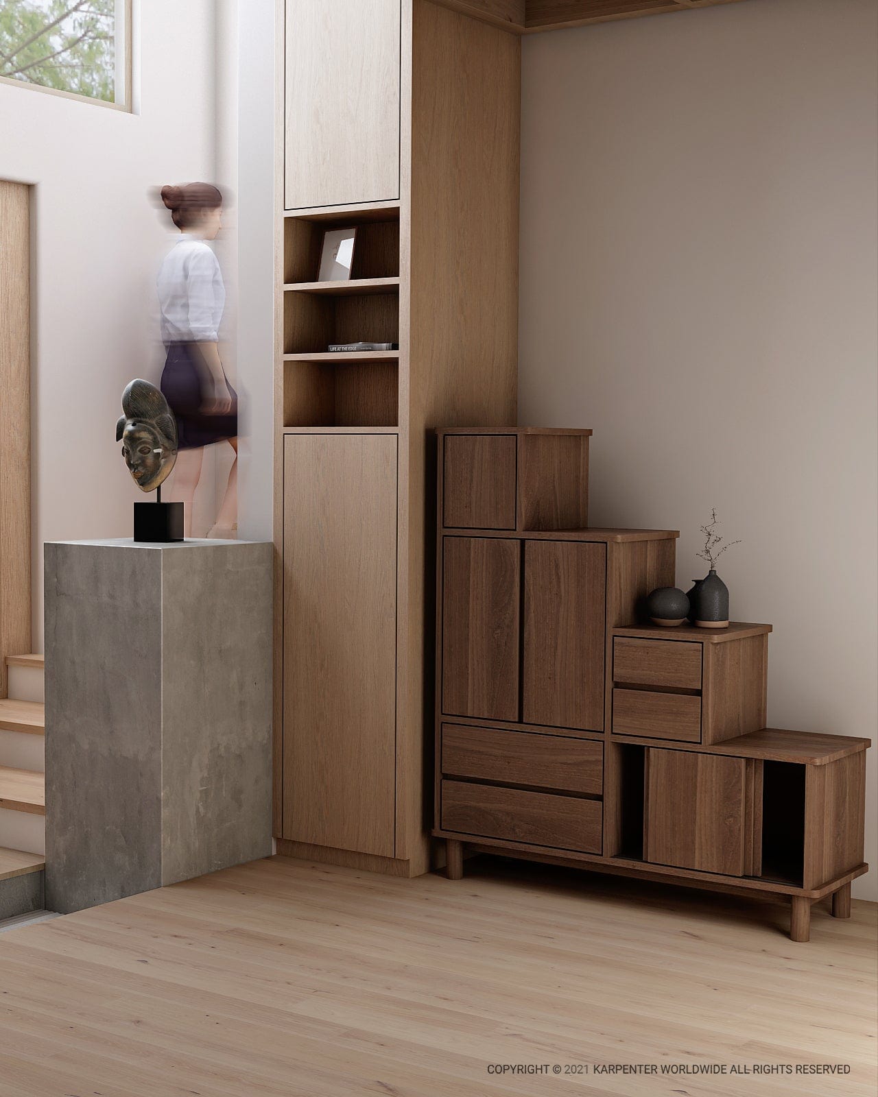 Wooden storage unit with woman in background.