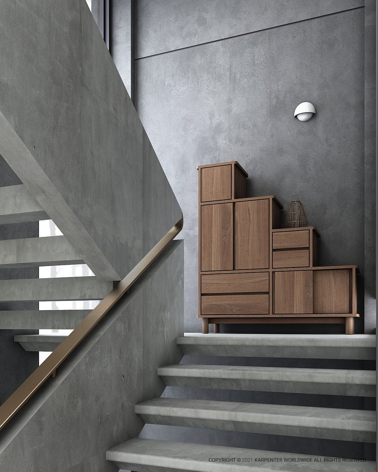Wooden cabinet on concrete stairs