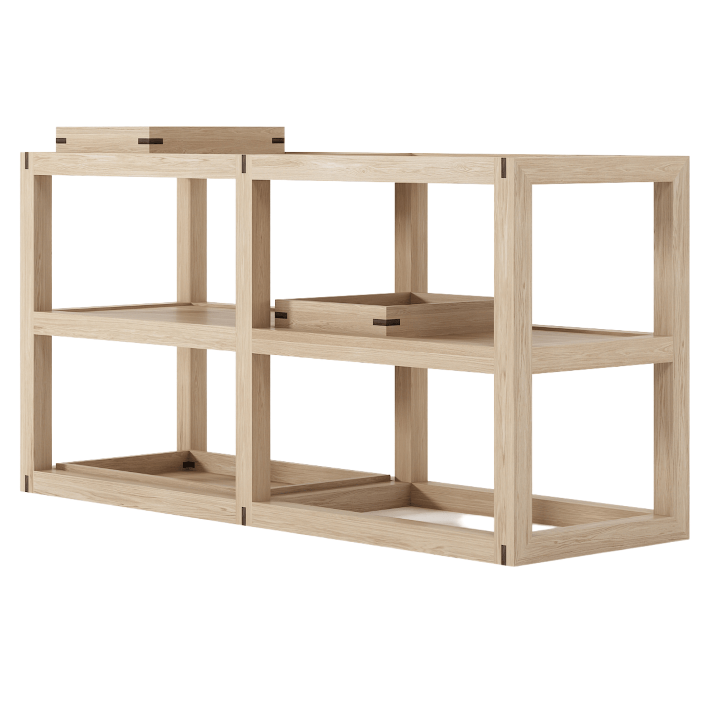 Wooden shelving unit with trays