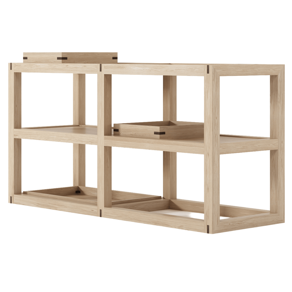 Wooden shelving unit with trays
