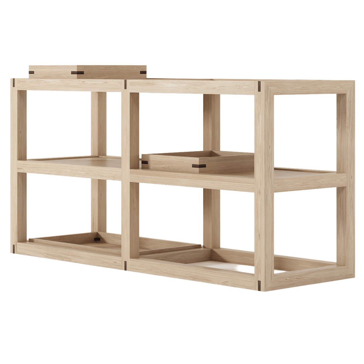 Wooden shelving unit with trays