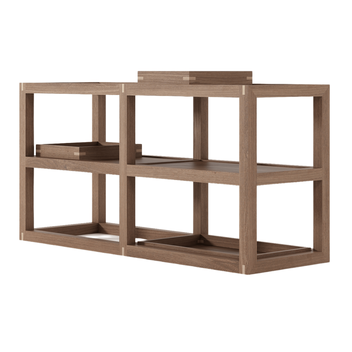KUD06O shelf unit with built-in trays, wood frame.