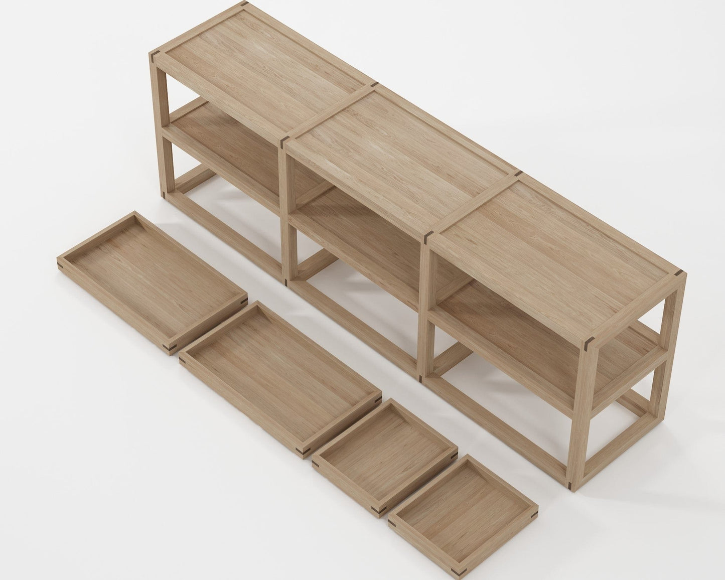 KUD07O_3 Wood Shelving Unit and Tray Set