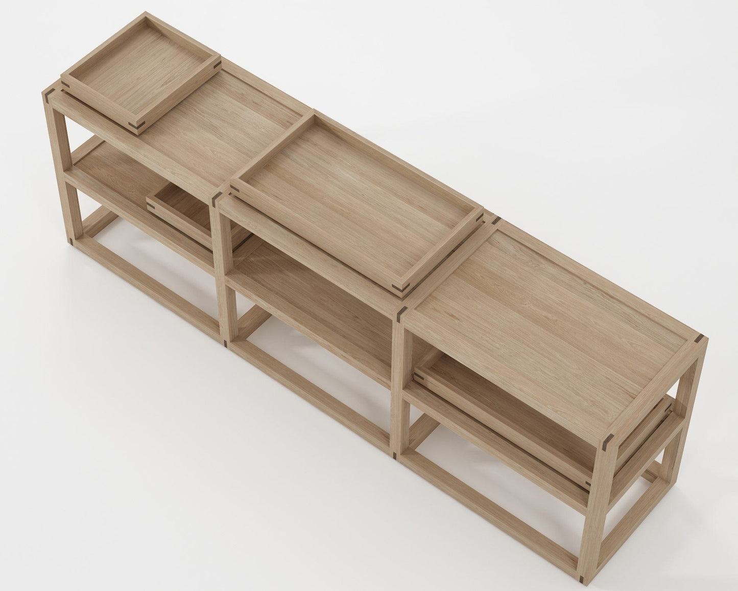 Wooden display shelves with trays
