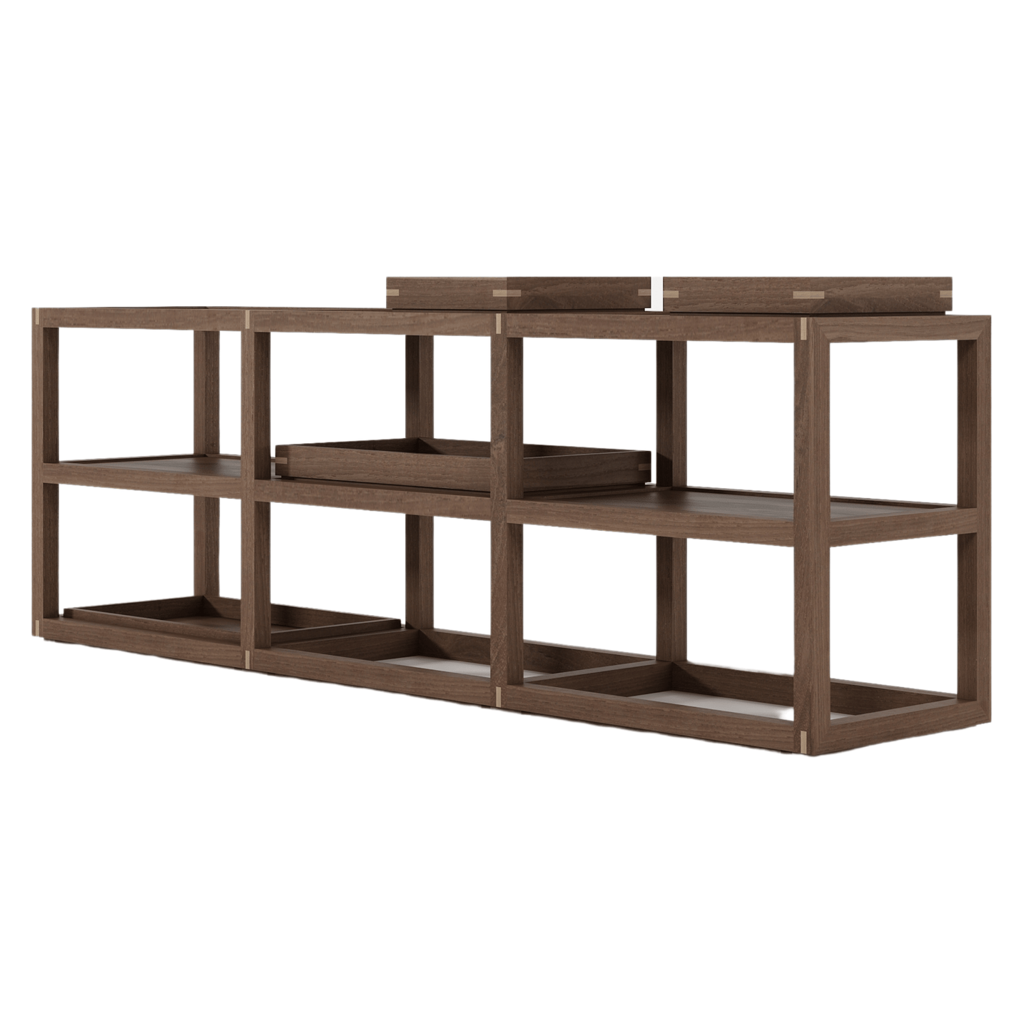 Brown wooden shelf unit with trays