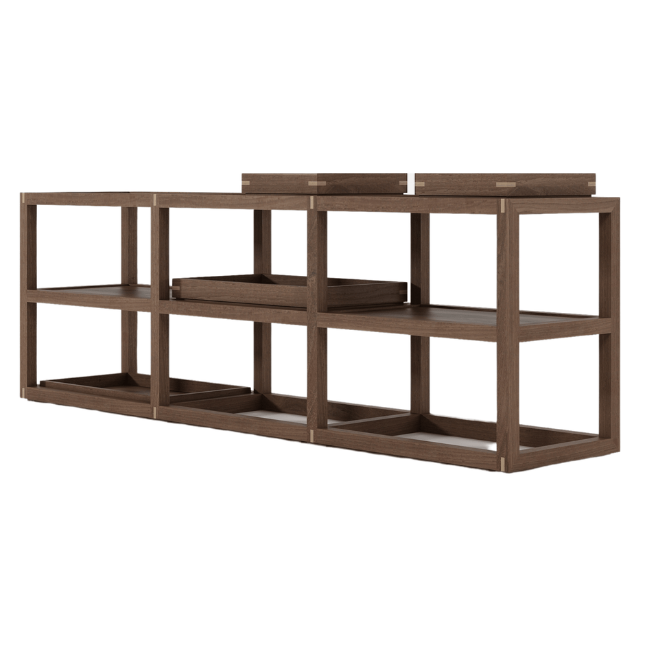 Brown wooden shelf unit with trays