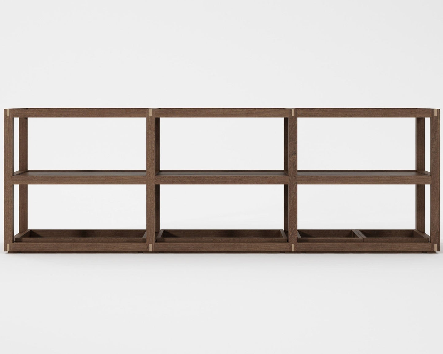Brown wooden shelving unit with six compartments
