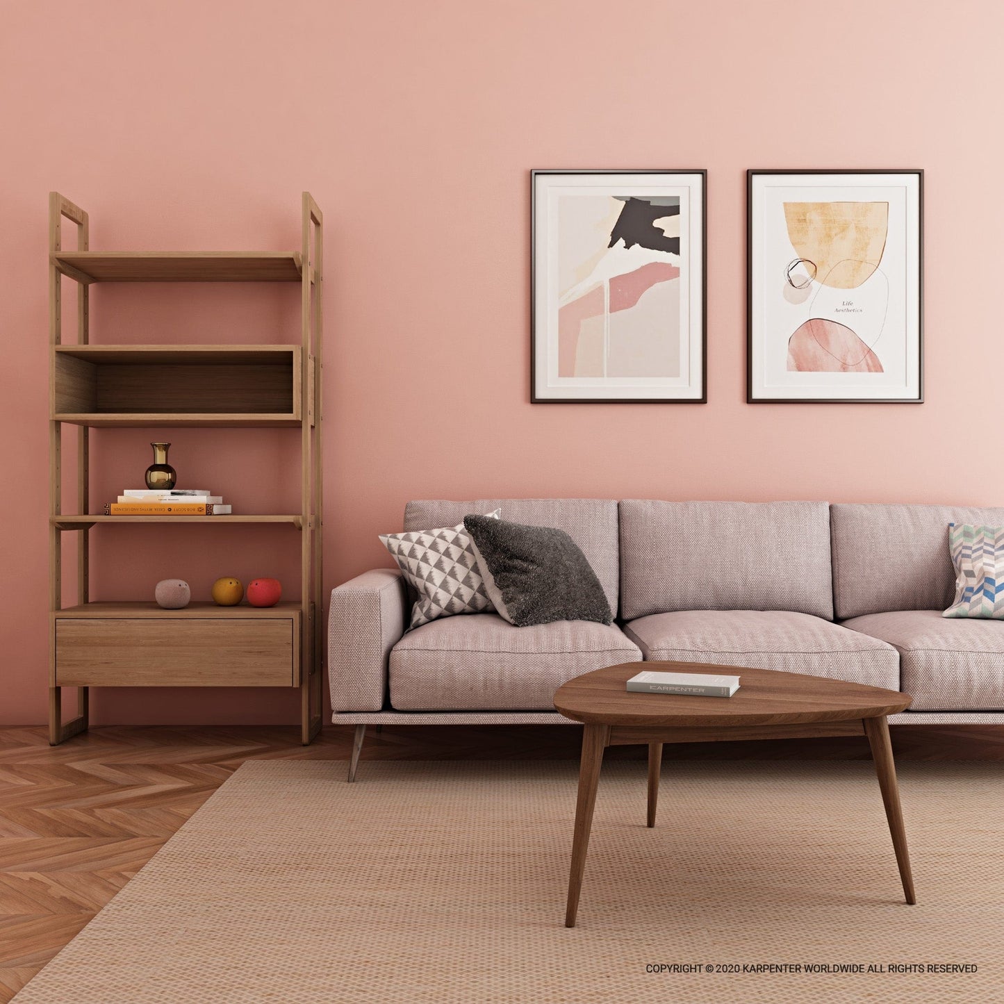 Wooden shelf unit in living room with sofa and art.