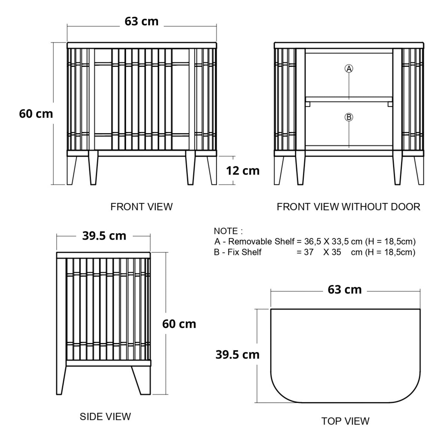 Detailed dimensions of a wooden cabinet, including front, side, and top views.