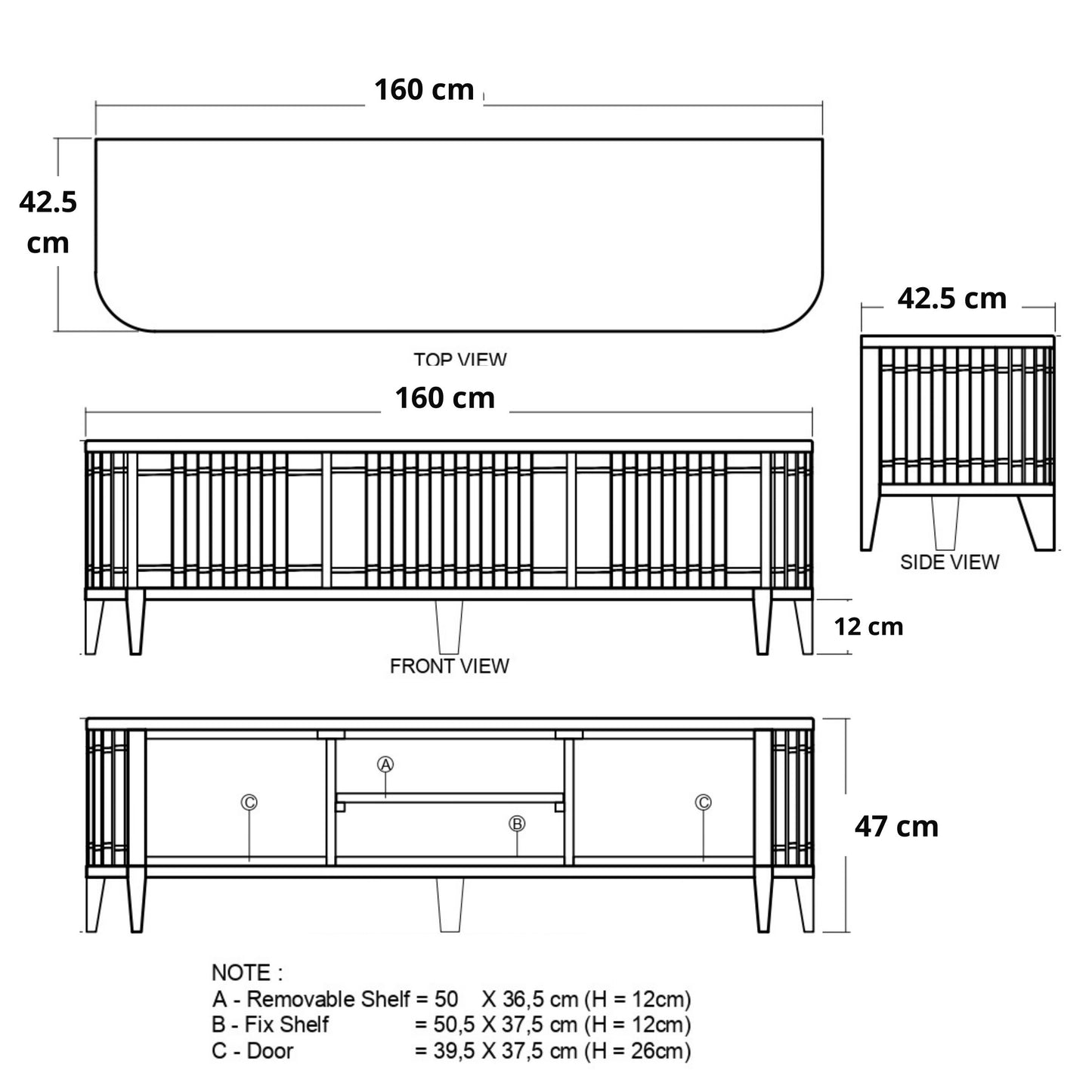 160cm x 47cm x 42.5cm