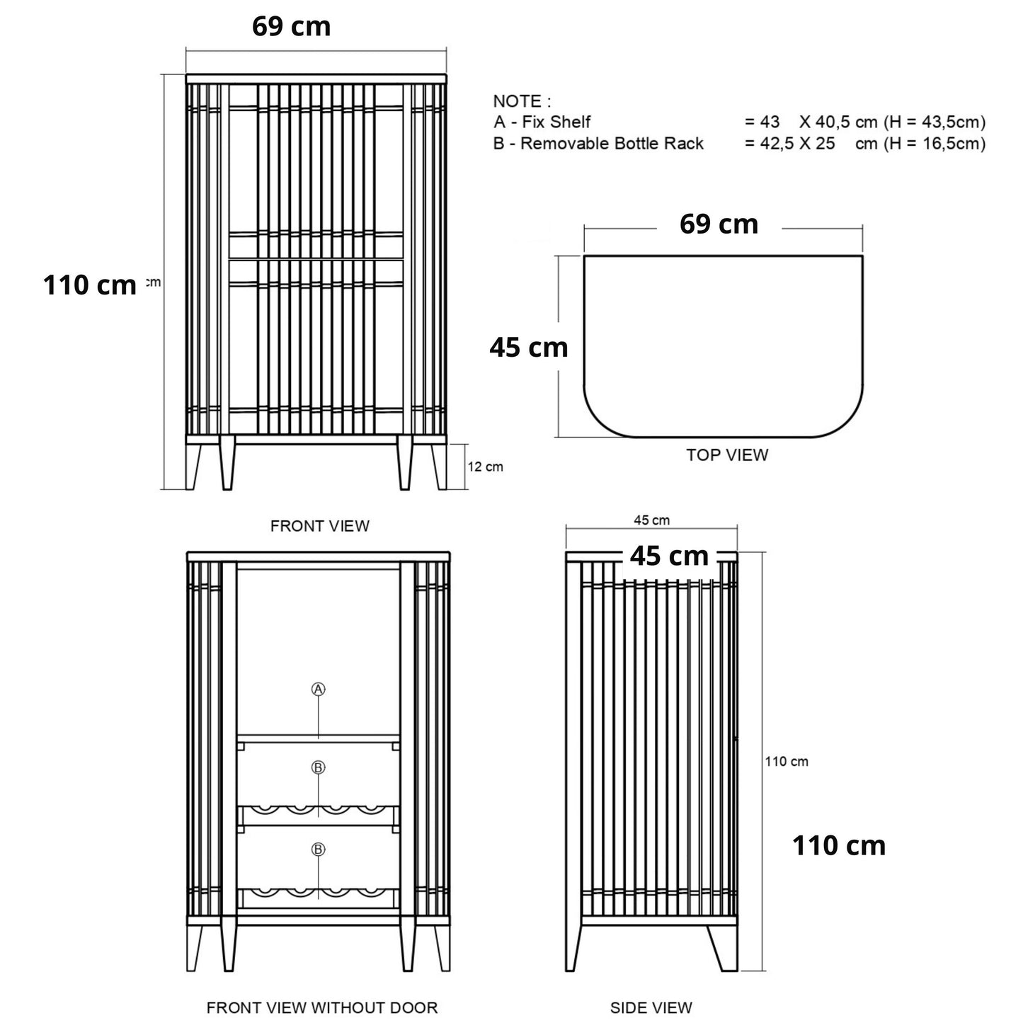 110cm x 69cm, with shelves and bottle rack.
