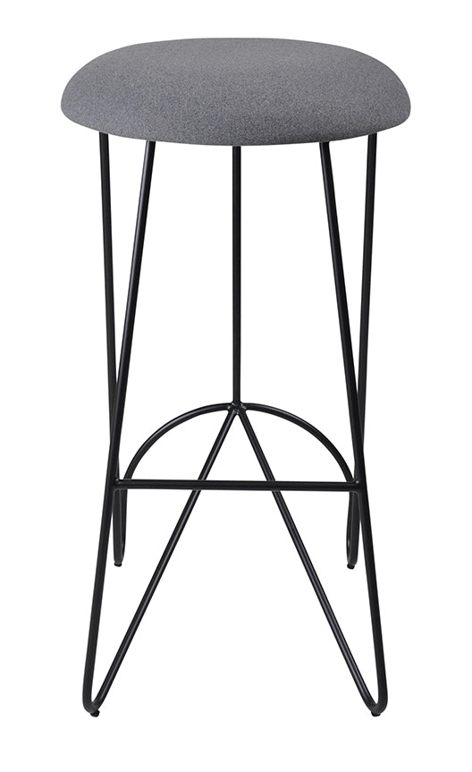 Gray upholstered bar stool with black metal legs
