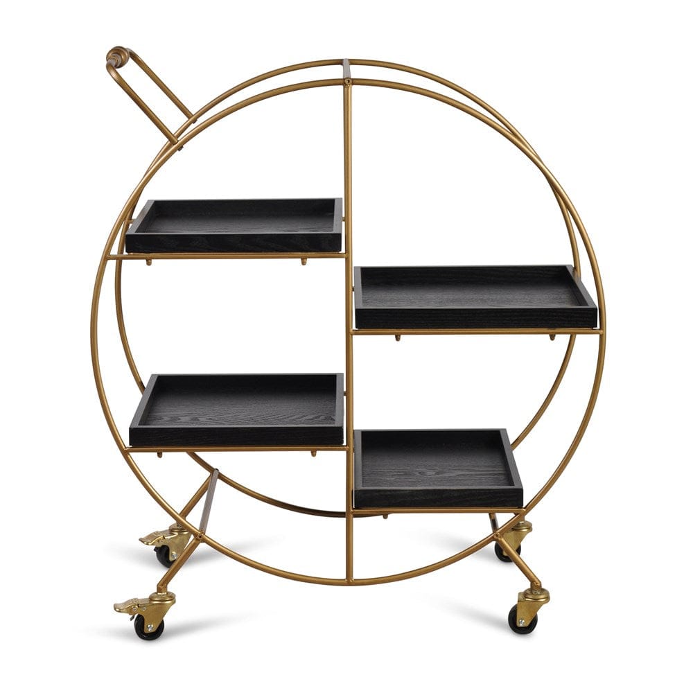 Gold circular bar cart with black shelves