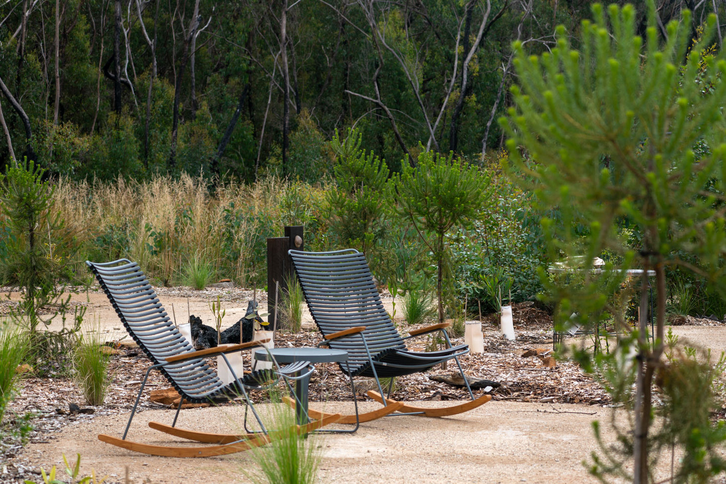 Outdoor rocking lounge chairs in natural setting