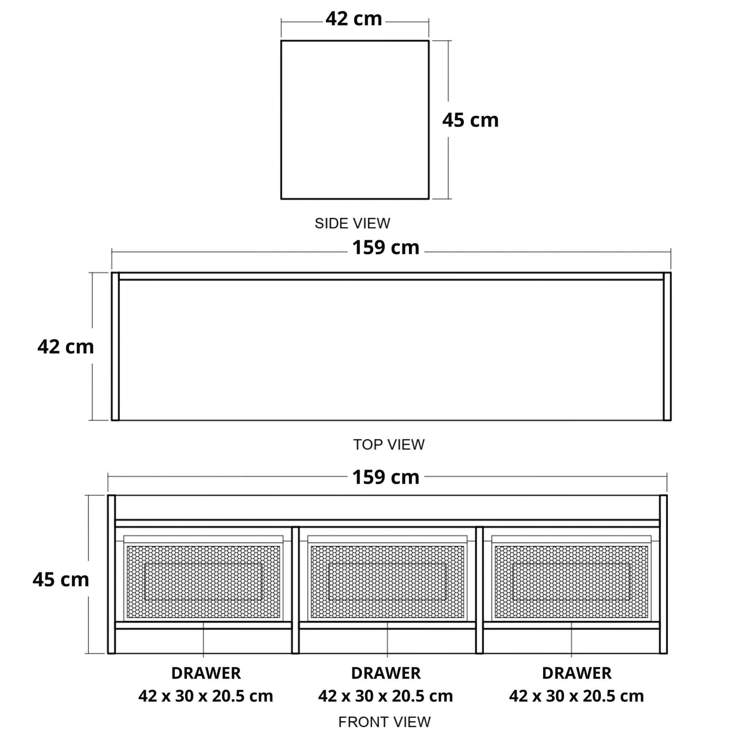 159cm x 45cm with three drawers.