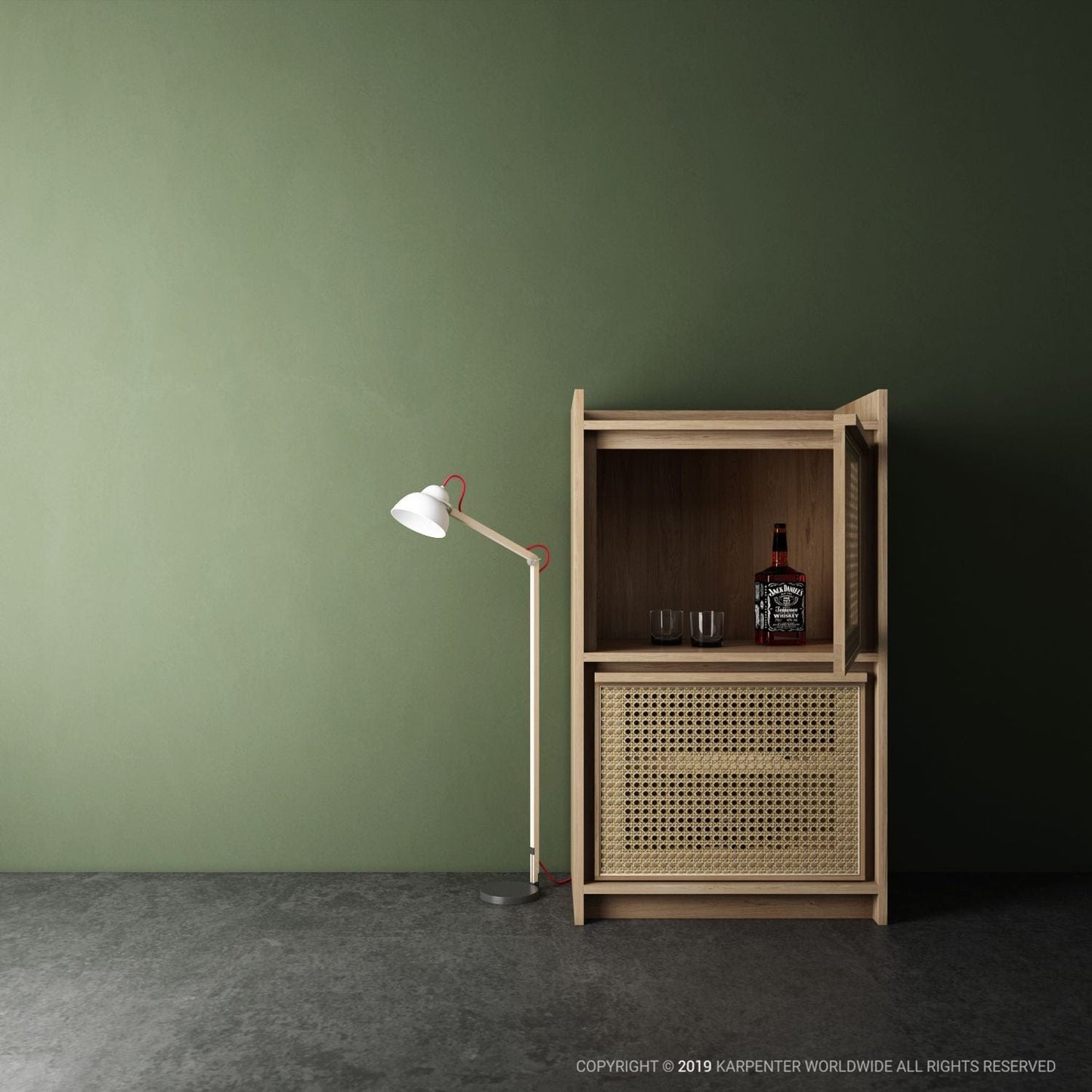 Roots Minibar cabinet with whiskey bottle and glasses