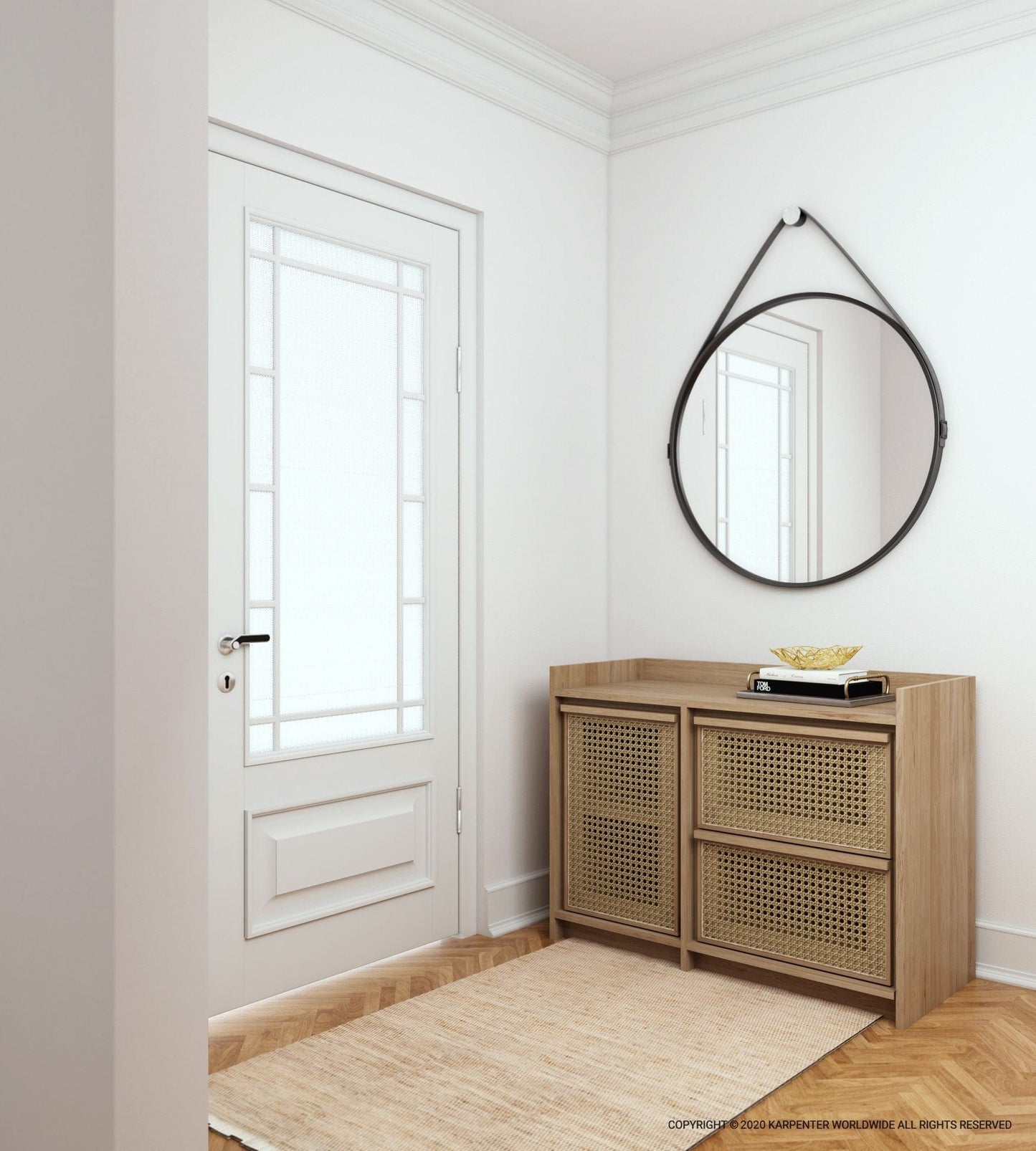 Roots sideboard with door and drawers in entryway
