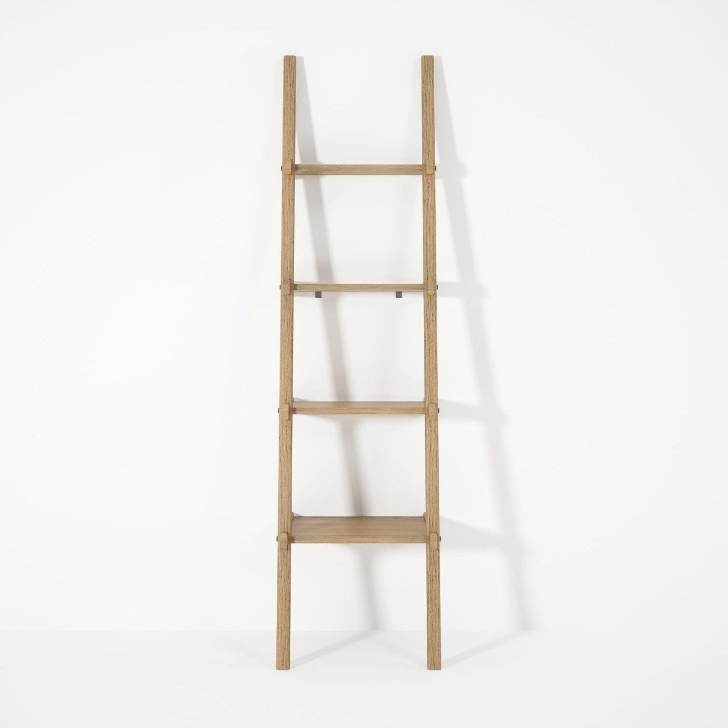 Oladdershelves 48x44x186a - Wooden ladder shelf leaning against white wall
