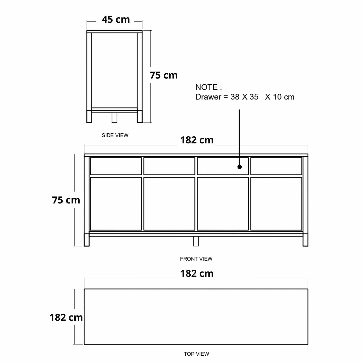 182cm x 75cm, drawer 38x35x10cm