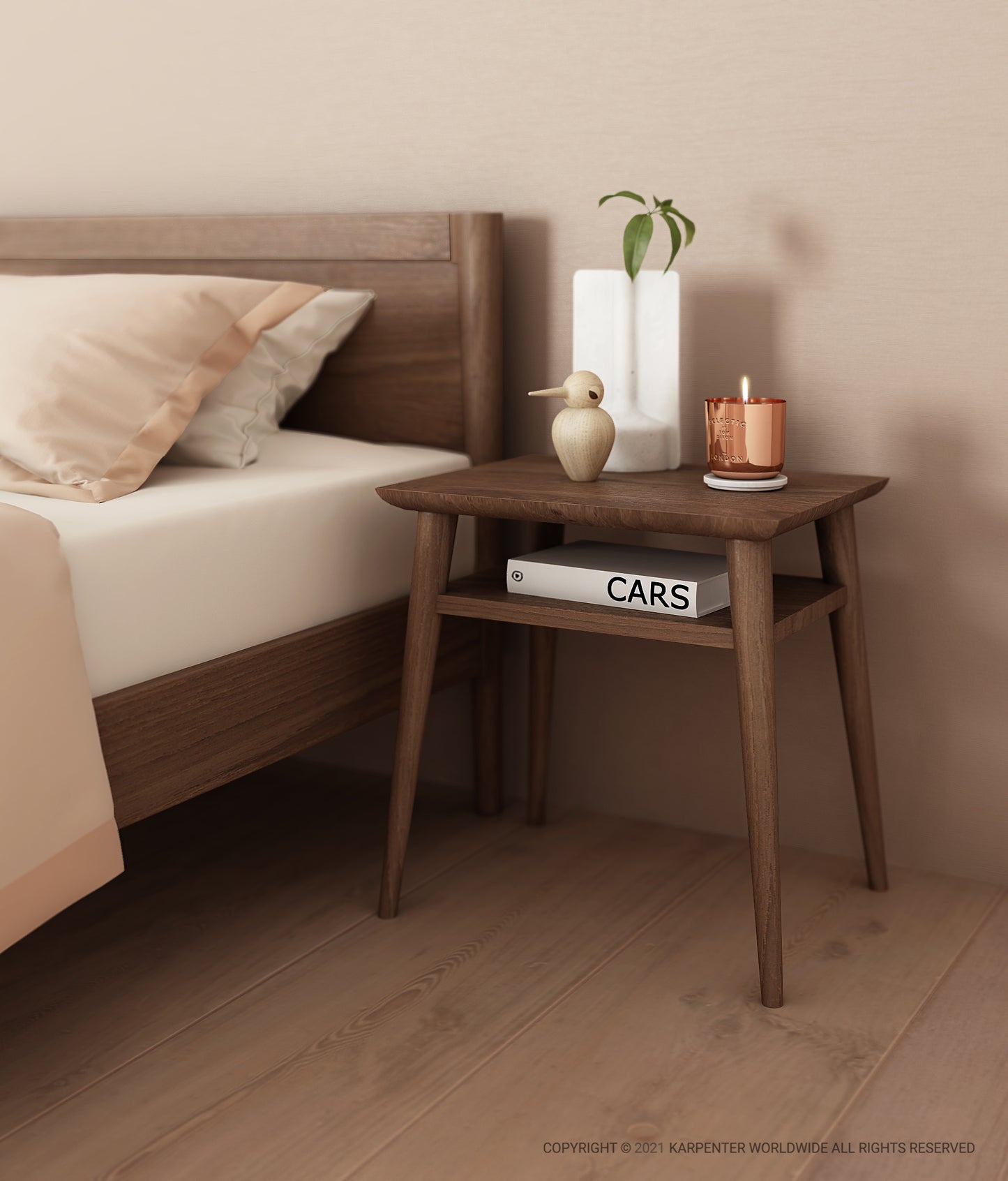 Bedroom scene with nightstand, vase, and book CARS