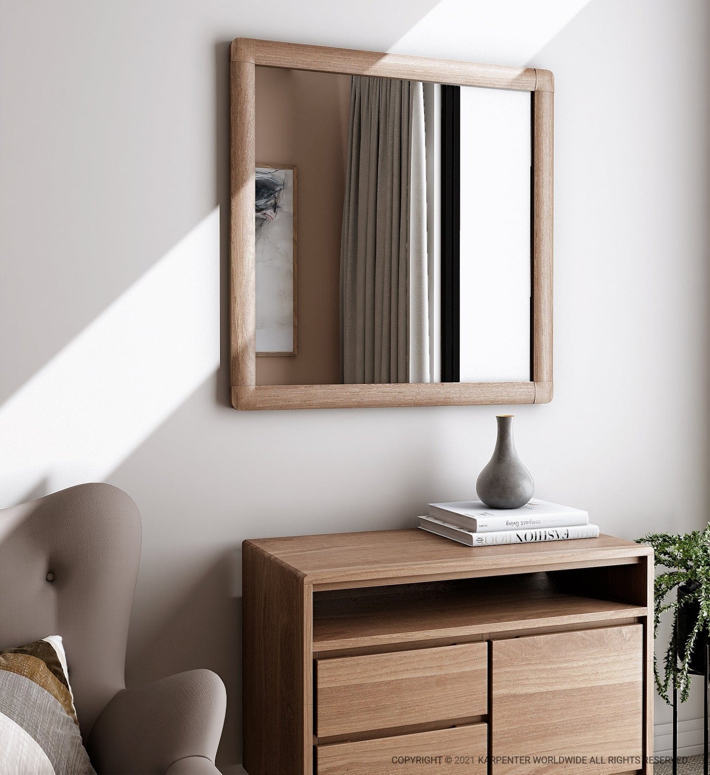 Wooden mirror, dresser, and chair in a modern interior