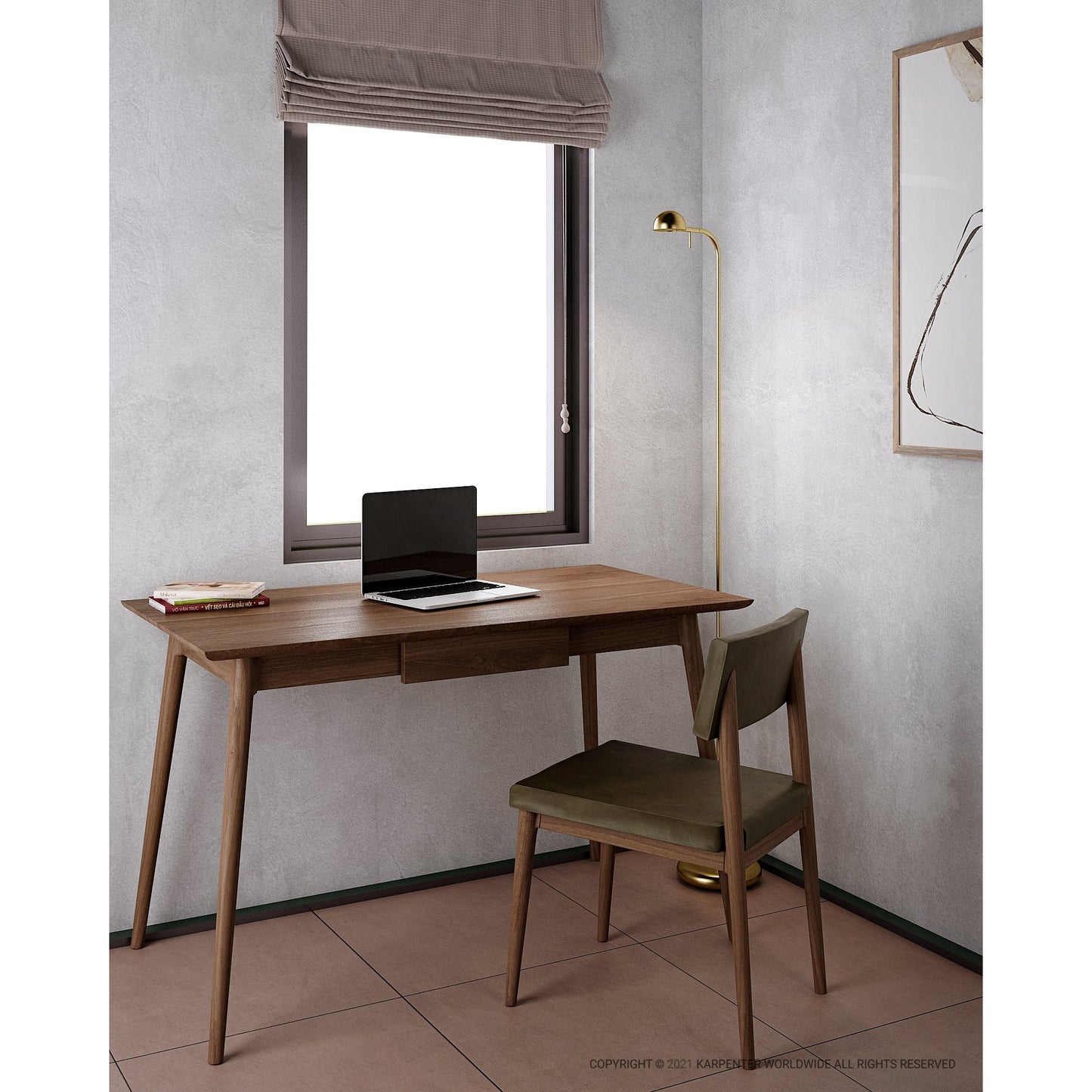 Modern desk with laptop and chair by window