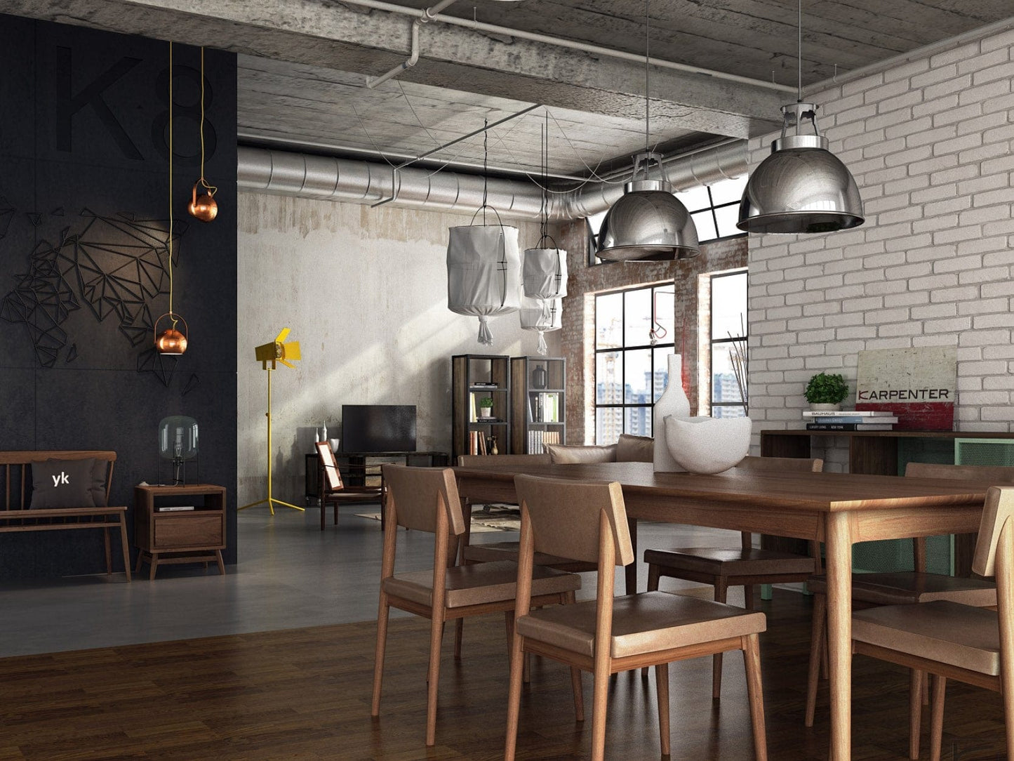 Scene dining room with industrial decor and wooden table