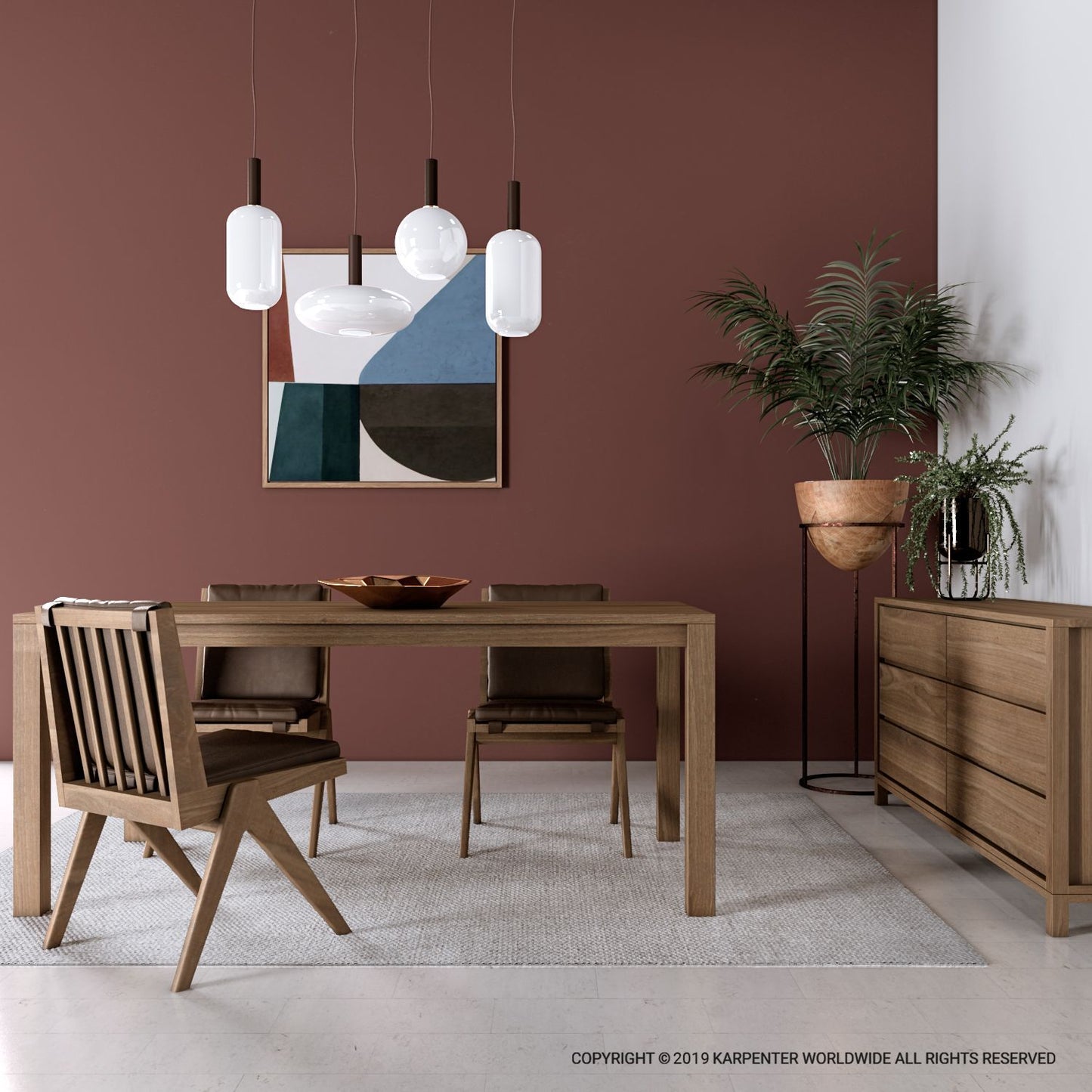 Solid wood dining table with chairs in modern dining room