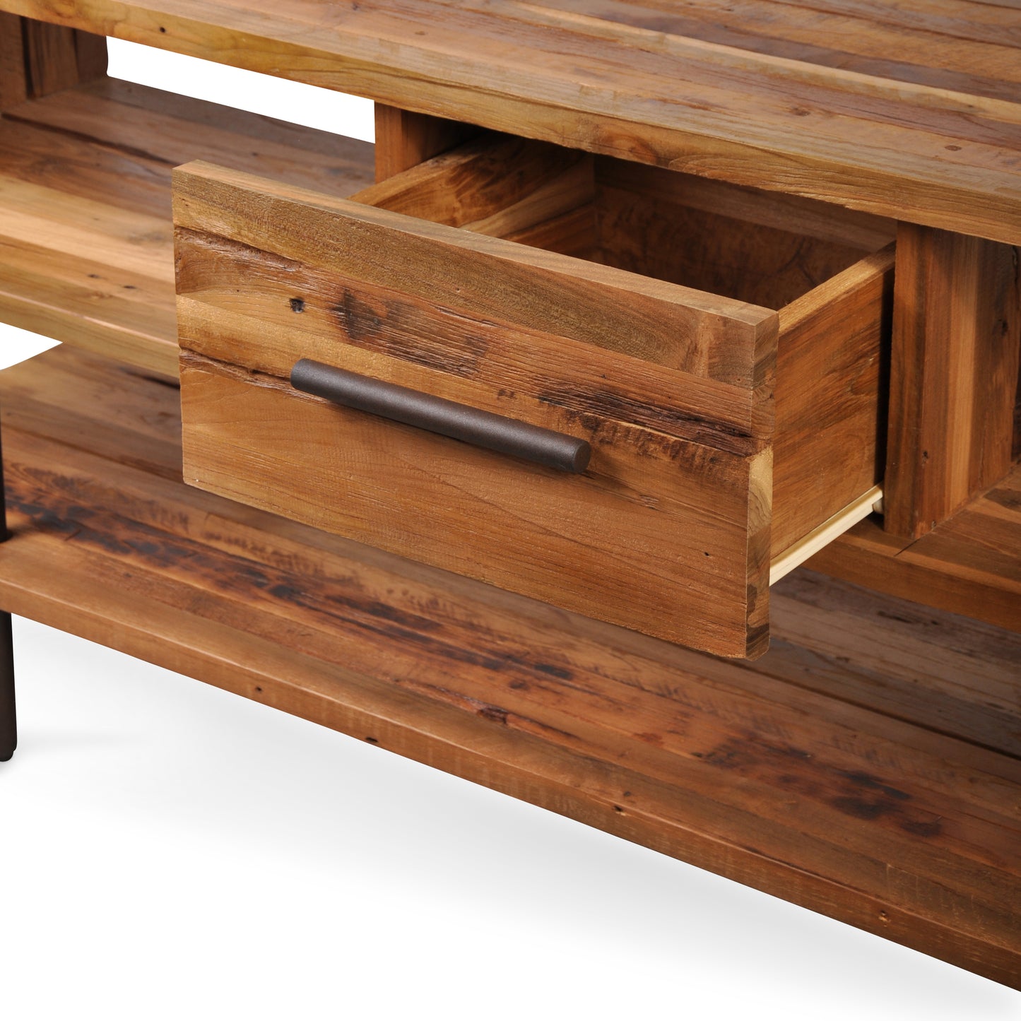 Wooden TV console with open drawer