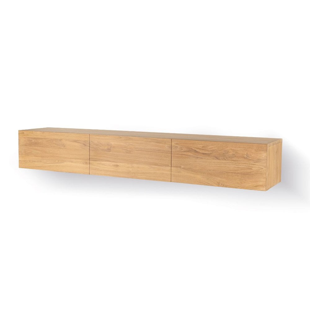 Floating wood media console with three doors